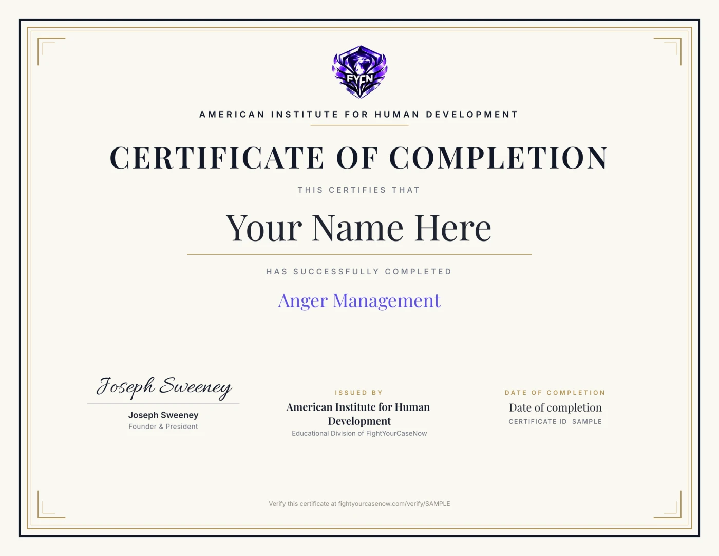 Sample certificate of completion from the American Institute for Human Development for the Anger Management course, presented to “Your Name Here”.